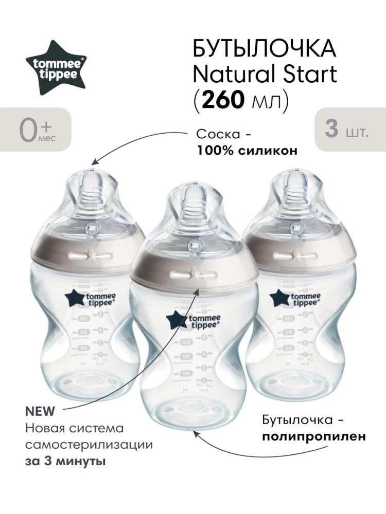 Tommee Tippee бутылочка для кормления Natural Start, 260 мл., 0+, 3 шт. - фото  2