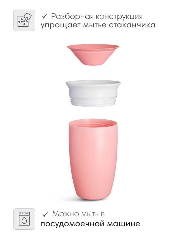 Munchkin поильник непроливайка MIRACLE® 360° с крышкой 296 мл. с 12 мес., розовый - фото  8