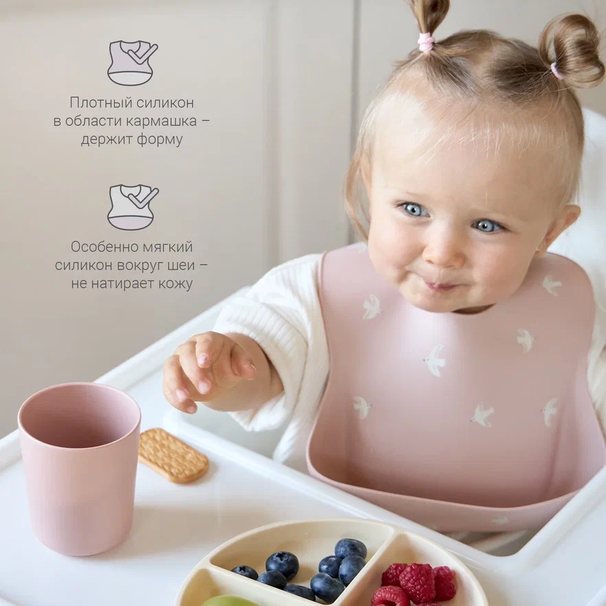 Edda нагрудник силиконовый Птички, Пудра - фото  2