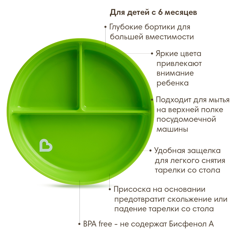 Munchkin тарелка детская на присоске секционная Stay Put™с 6 мес., зеленая - фото  3