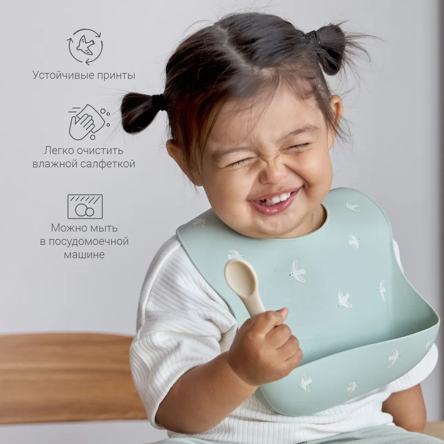 Edda нагрудник силиконовый Птички, Шалфей - фото  8