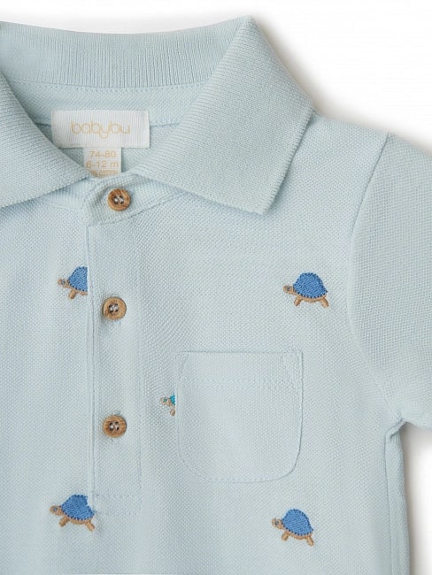 Babybu комбинезон укороченный с воротником поло TURTLE BRODERIE 100% органический хлопок цвет голубо - фото  3