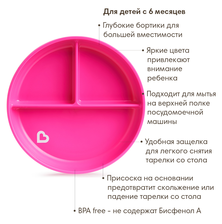 Munchkin тарелка детская на присоске секционная Stay Put™с 6 мес., розовая - фото  3