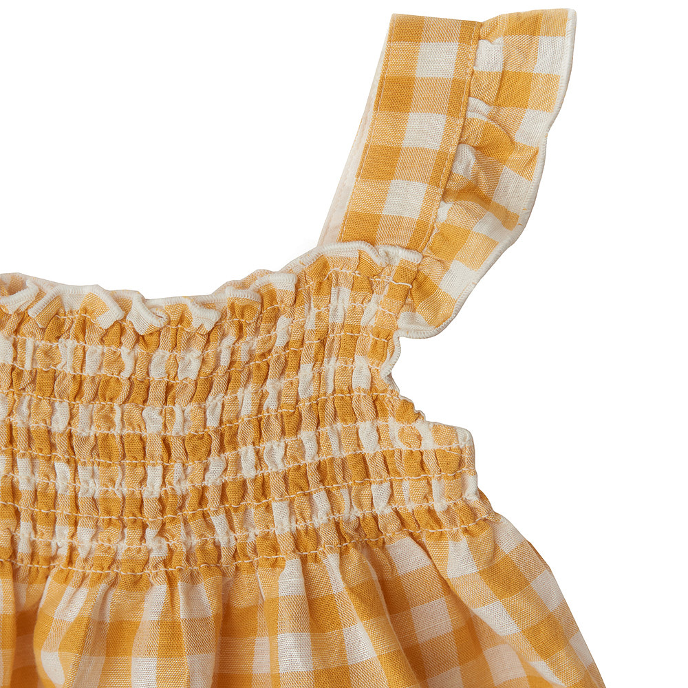 Babybu платье со сборками на резинке PINEAPPLE GINGHAM 70% органический хлопок 30% лен цвет желтый - фото  2