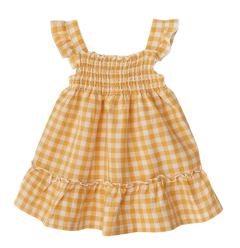 Babybu платье со сборками на резинке PINEAPPLE GINGHAM 70% органический хлопок 30% лен цвет желтый - фото  1