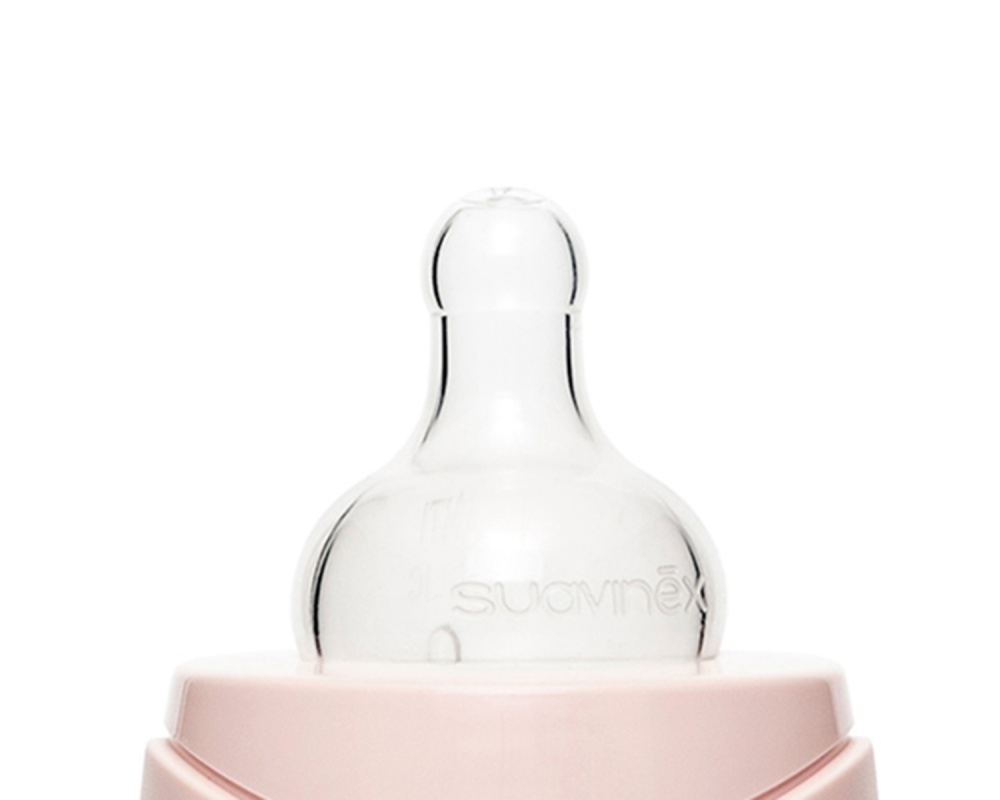 Suavinex бутылка 360 мл круглая силиконовая соска 3 позиции Hugge Baby, розовая зайка с крапинками - фото  3