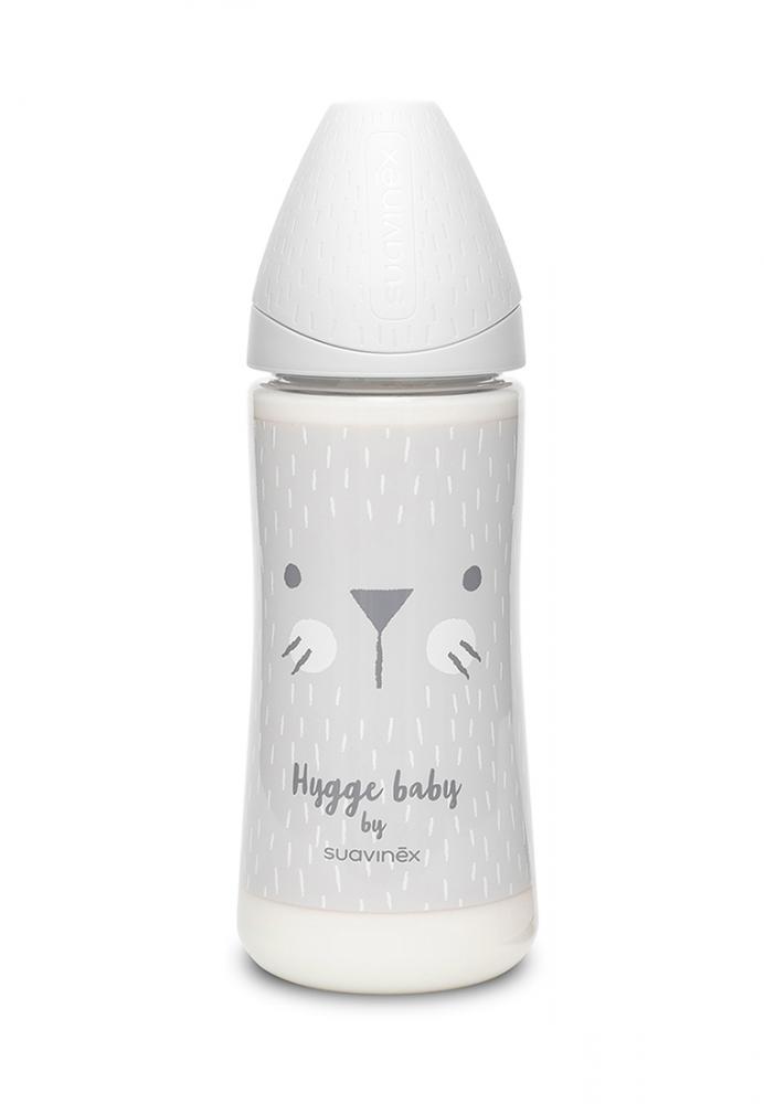 Suavinex бутылка 360 мл круглая силиконовая соска 3 позиции Hugge Baby, серый зайка с крапинками - фото  1