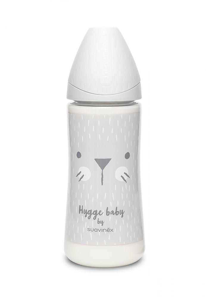 Suavinex бутылка 360 мл круглая силиконовая соска 3 позиции Hugge Baby, серый зайка с крапинками