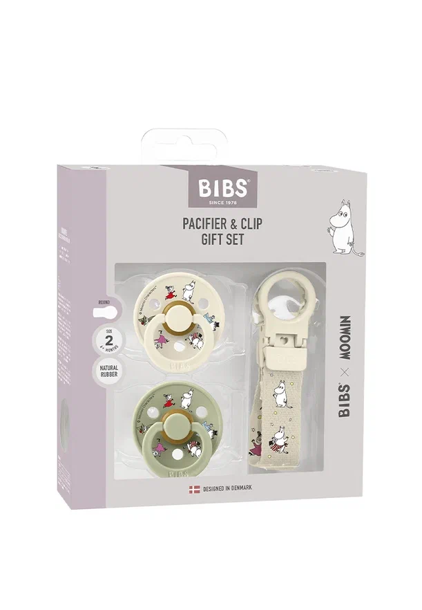 BIBS набор пустышек Moomin 2 штуки с держателем Loop Clip, Ivory/Sage - фото  2