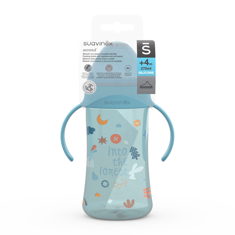 Suavinex поильник 4 месяца+ 270 мл обучающий с ручками INTO THE FOREST голубой - фото  3