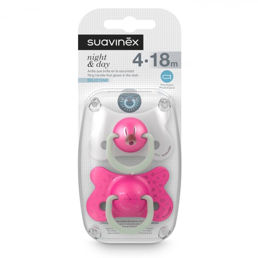 Suavinex набор пустышек 4 месяца+ до 18 месяцев физиологическая силиконовая соска Night & Day - фото  2