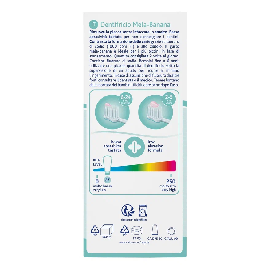 Chicco зубная паста детская с фтором яблоко-банан 6 месяцев+ - фото  3