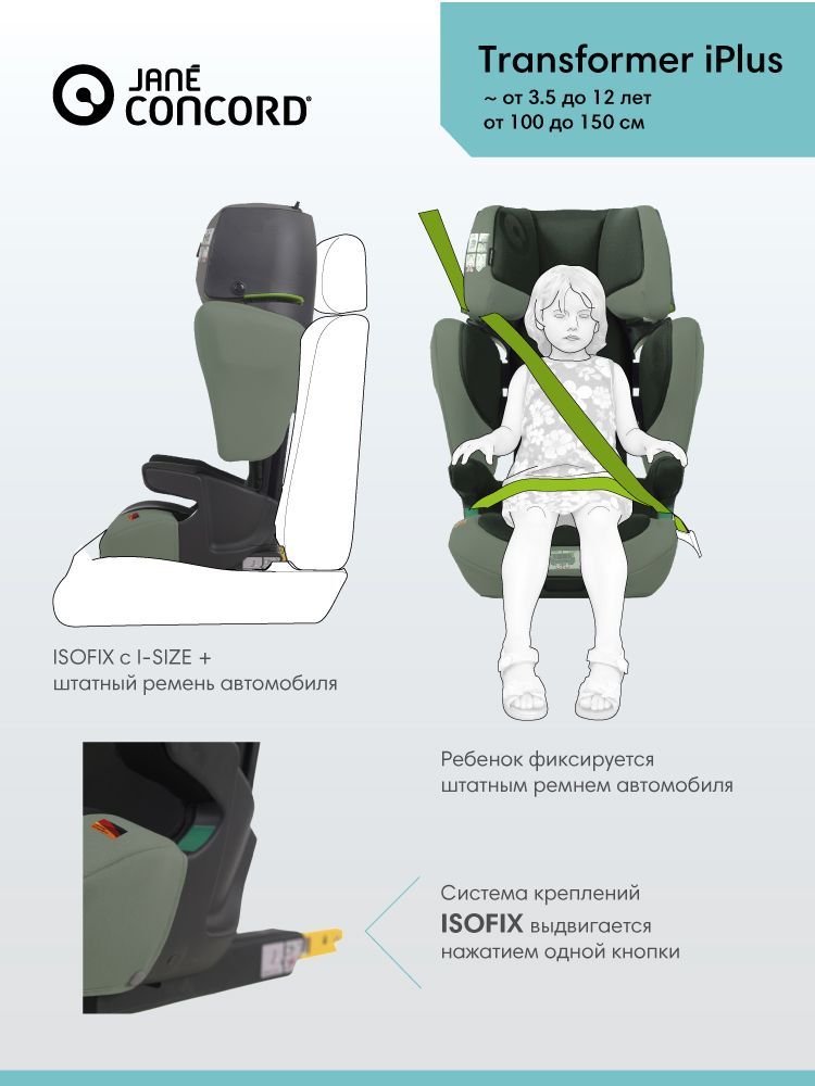 JANE Concord Автокресло Transformer ITech (100-150 см) гр.2/3 Dark grass - фото  6