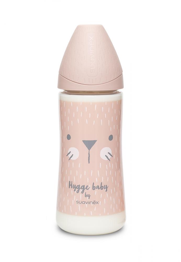 Suavinex бутылка 360 мл круглая силиконовая соска 3 позиции Hugge Baby, розовая зайка с крапинками
