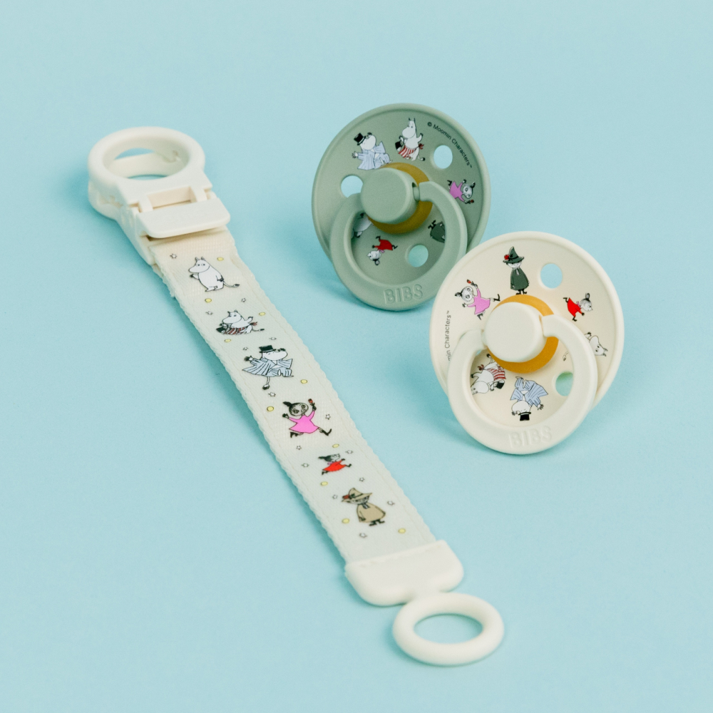 BIBS набор пустышек Moomin 2 штуки с держателем Loop Clip, Ivory/Sage - фото  9