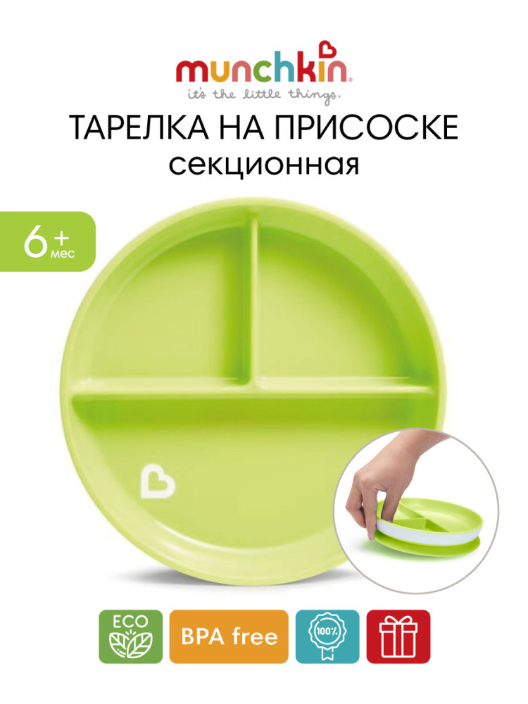 Munchkin тарелка детская на присоске секционная Stay Put™с 6 мес., зеленая - фото  2