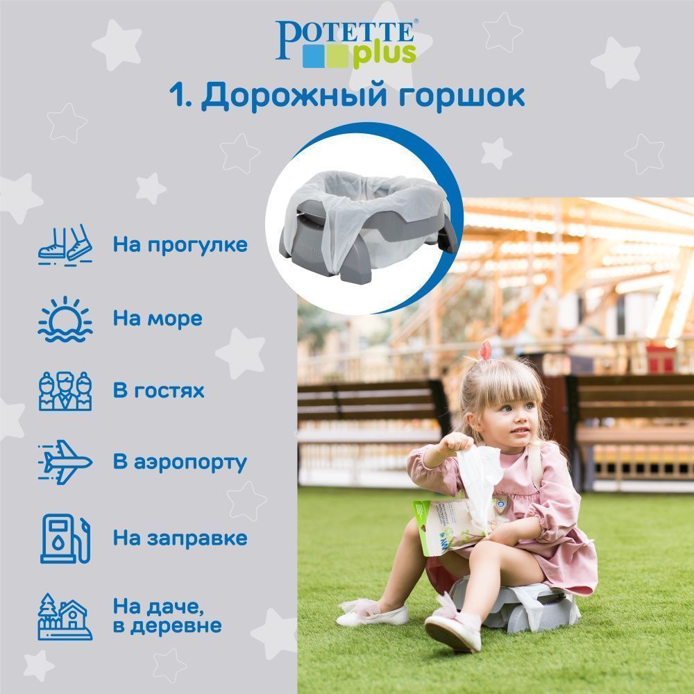 Potette Plus горшок складной для путешествий + 3 одноразовых пакета, серый