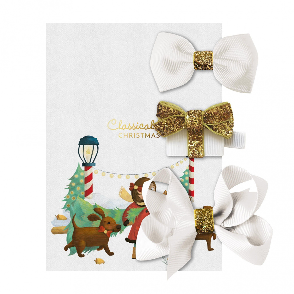 Milledeux Набор заколок &quot;Бантики и подарок&quot;, коллекция &quot;Classic Christmas&quot;, белый с золотистым
