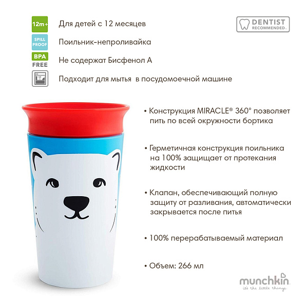 Munchkin поильник-непроливайка MIRACLE® 360°  ЭКО  Арктический медведь 266мл., 12+