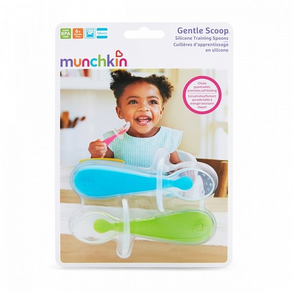 Munchkin ложка для прикорма детская с ограничителем Gentle Scoop™2 шт., голубая/зеленая с 6 мес.