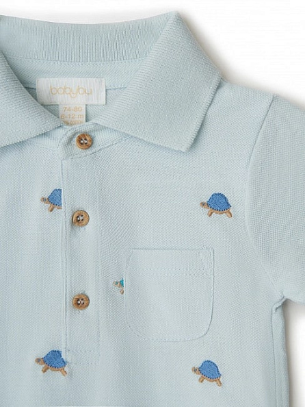 Babybu комбинезон укороченный с воротником поло TURTLE BRODERIE 100% органический хлопок цвет голубо - фото  3