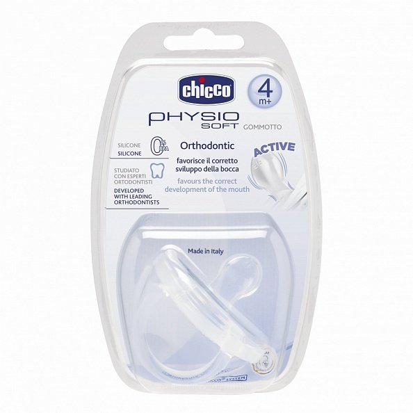 Chicco пустышка Physio Soft,1шт.,4мес.+,силикон,прозрачн.