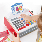Hape игрушка касса деревянная с набором наклеек, калькулятором, сканером, светом и звуком