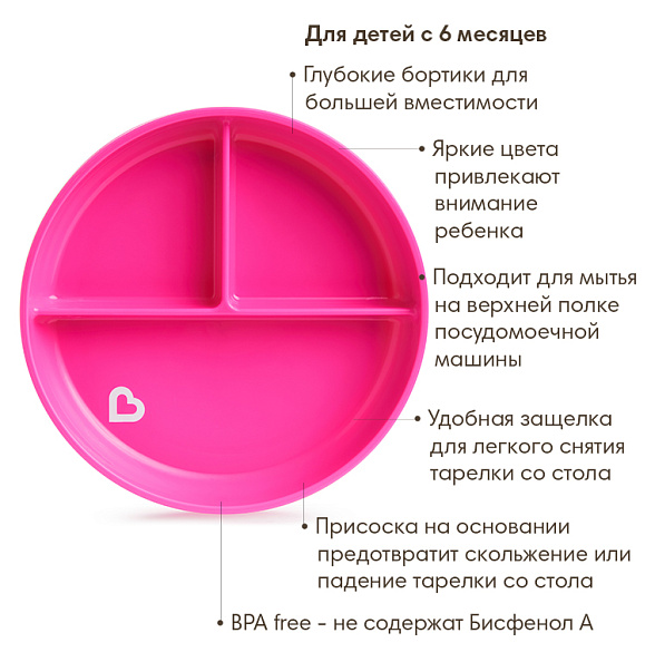 Munchkin тарелка детская на присоске секционная Stay Put™с 6 мес., розовая - фото  3