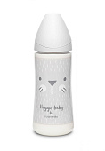 Suavinex бутылка 360 мл круглая силиконовая соска 3 позиции Hugge Baby, серый зайка с крапинками