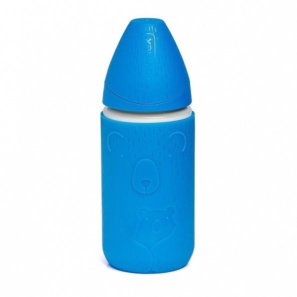 Suavinex бутылка из стекла 240 мл Meaningful Life с силиконовым чехолом с рождения цвет синий