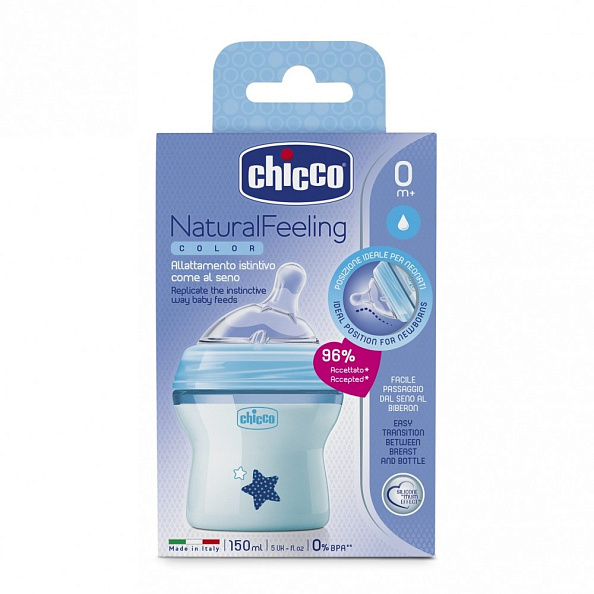 Chicco бутылочка Natural Feeling с наклоном и флексорами 150 мл цвет голубой