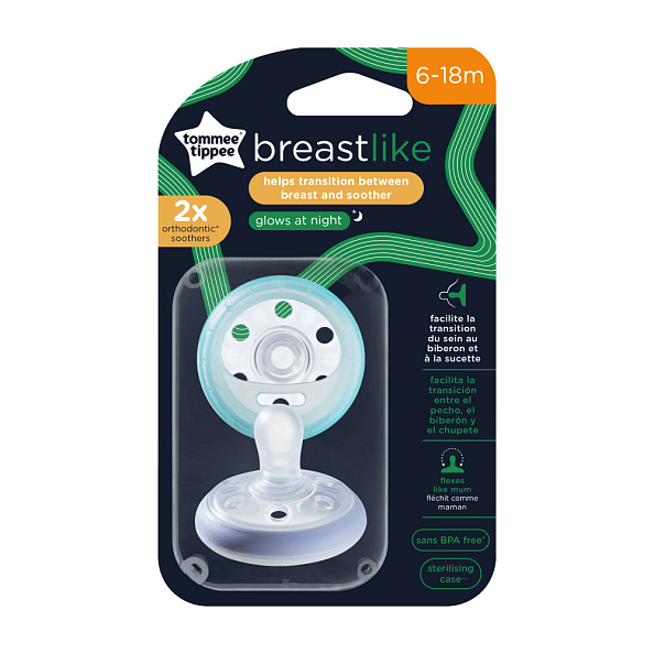 Tommee Tippee соска-пустышка силиконовая ночная Night Time Breast-like, 6-18 мес., 2 шт.  - фото  3