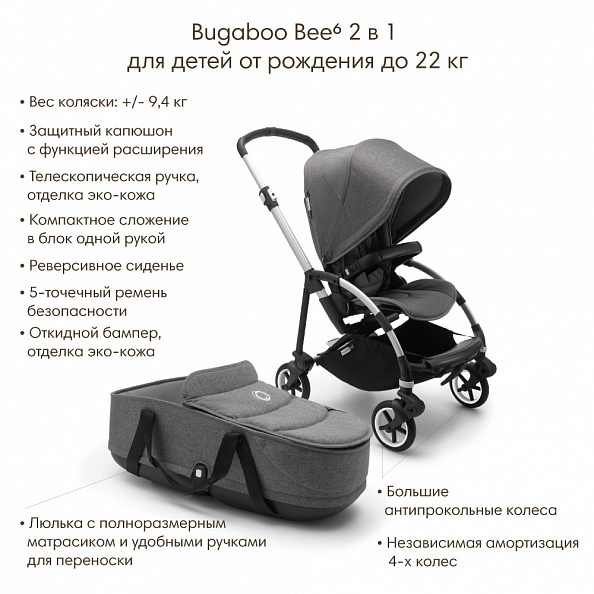 Bugaboo Bee6 коляска 2 в 1 Black/Grey Melange/Soft Pink
