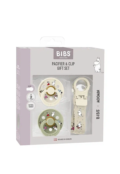 BIBS набор пустышек Moomin 2 штуки с держателем Loop Clip, Ivory/Sage - фото  2