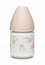 Suavinex бутылка 120мл с круглой силикиновой соской, стекло Hugge Baby (3 позиции), роз.зайка с точк