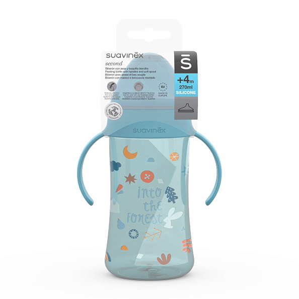 Suavinex поильник 4 месяца+ 270 мл обучающий с ручками INTO THE FOREST голубой - фото  3