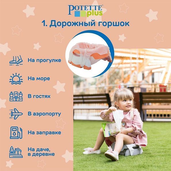 Potette Plus горшок складной для путешествий + 3 одноразовых пакета, персиковый
