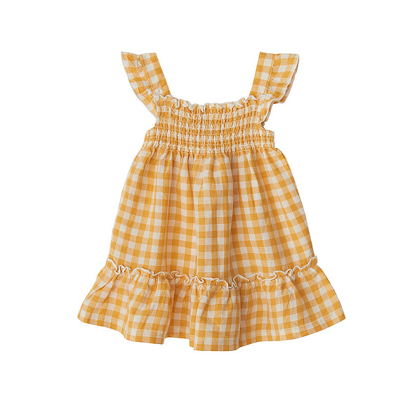 Babybu платье со сборками на резинке PINEAPPLE GINGHAM 70% органический хлопок 30% лен цвет желтый - фото  3