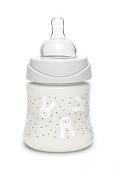 Suavinex бутылка 150 мл круглая силиконовая соска 3 позиции Hugge Baby, серый зайка с точками