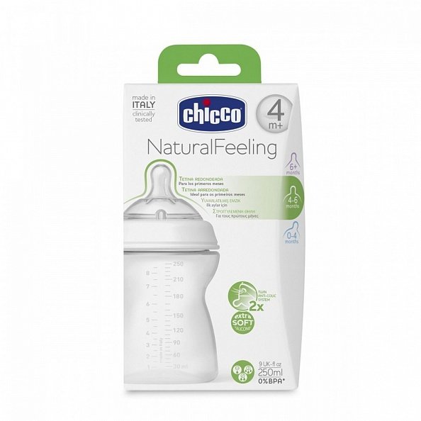 Chicco бутылочка Natural Feeling,4мес.+,сил.соска с флексорами,250мл.
