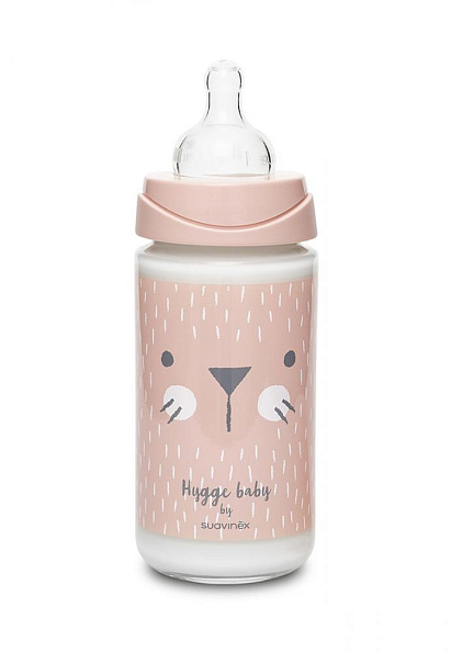 Suavinex бутылка 240 мл с круглой силиконовой соской стекло Hugge Baby 3 позиции, розовый зайка с кр - фото  1