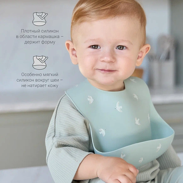 Edda нагрудник силиконовый Птички, Шалфей - фото  4