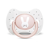 Suavinex пустышка 18 месяцев+ с физиологической силиконовой соской Hugge Baby розовый зайка