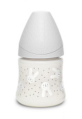 Suavinex бутылка 150 мл круглая силиконовая соска 3 позиции Hugge Baby, серый зайка с точками