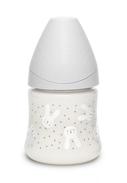 Suavinex бутылка 150 мл круглая силиконовая соска 3 позиции Hugge Baby, серый зайка с точками - фото  1