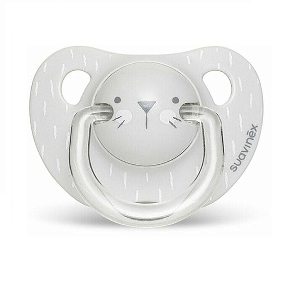 Suavinex пустышка 6 месяцев+ до 18 месяцев с анатомической силиконовой соской Hugge Baby серый зайка - фото  1