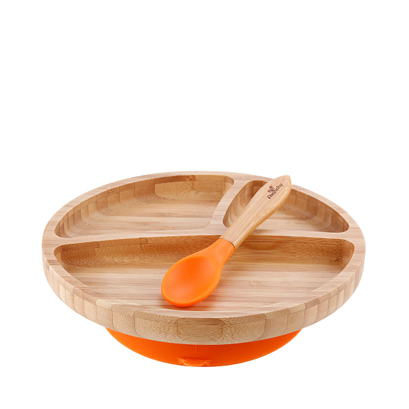 Avanchy Бамбуковая тарелка Toddler с ложкой, оранжевая