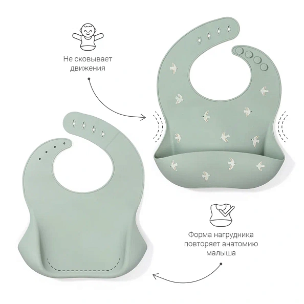 Edda нагрудник силиконовый Птички, Шалфей - фото  5