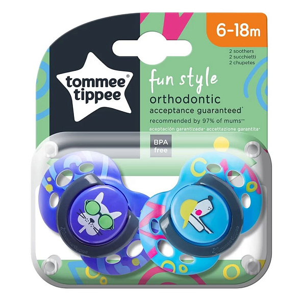Tommee Tippee соска-пустышка силиконовая Fun Style, 6-18 мес., 2 шт. - фото  5