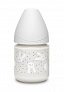 Suavinex бутылка 120мл с круглой силикиновой соской, стекло Hugge Baby (3 позиции), сер.зайка с точк